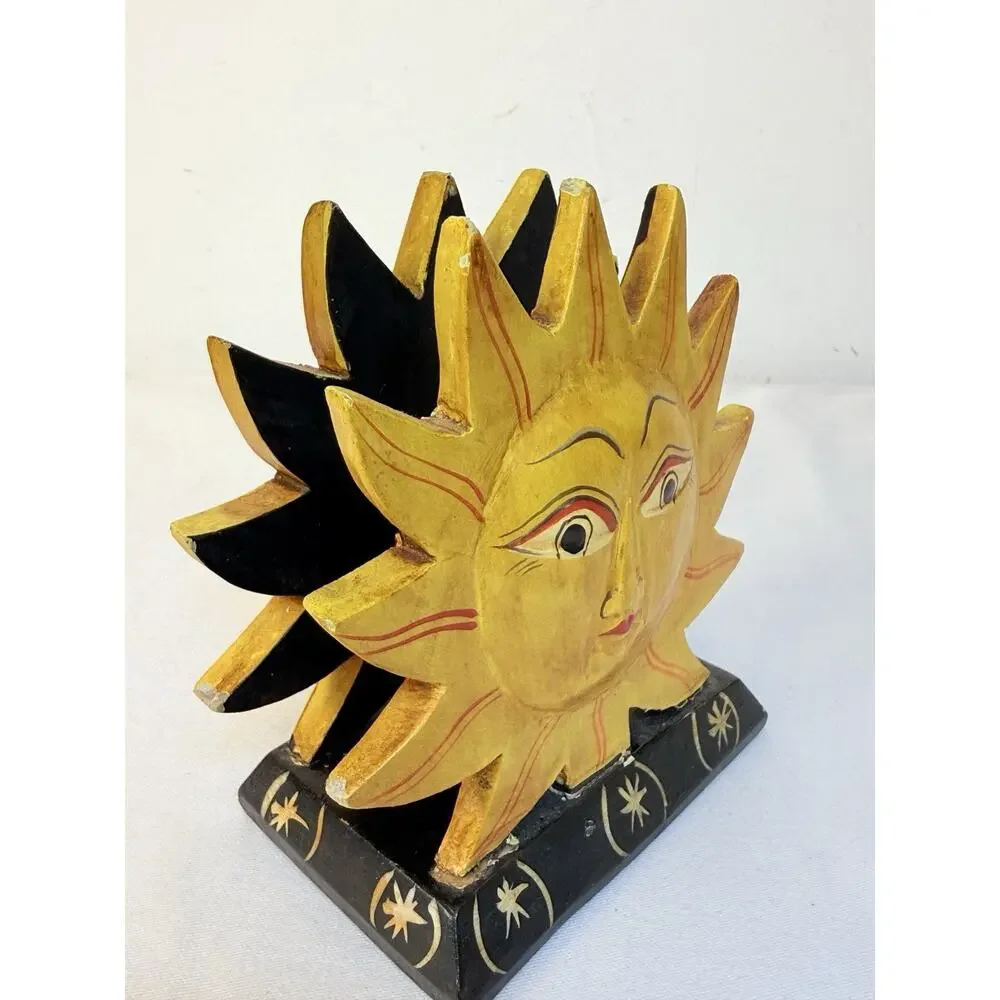 Vtg Folk Art Hand Painted Wooden 90’s Sun Face Napkin/ Letter Holder -read